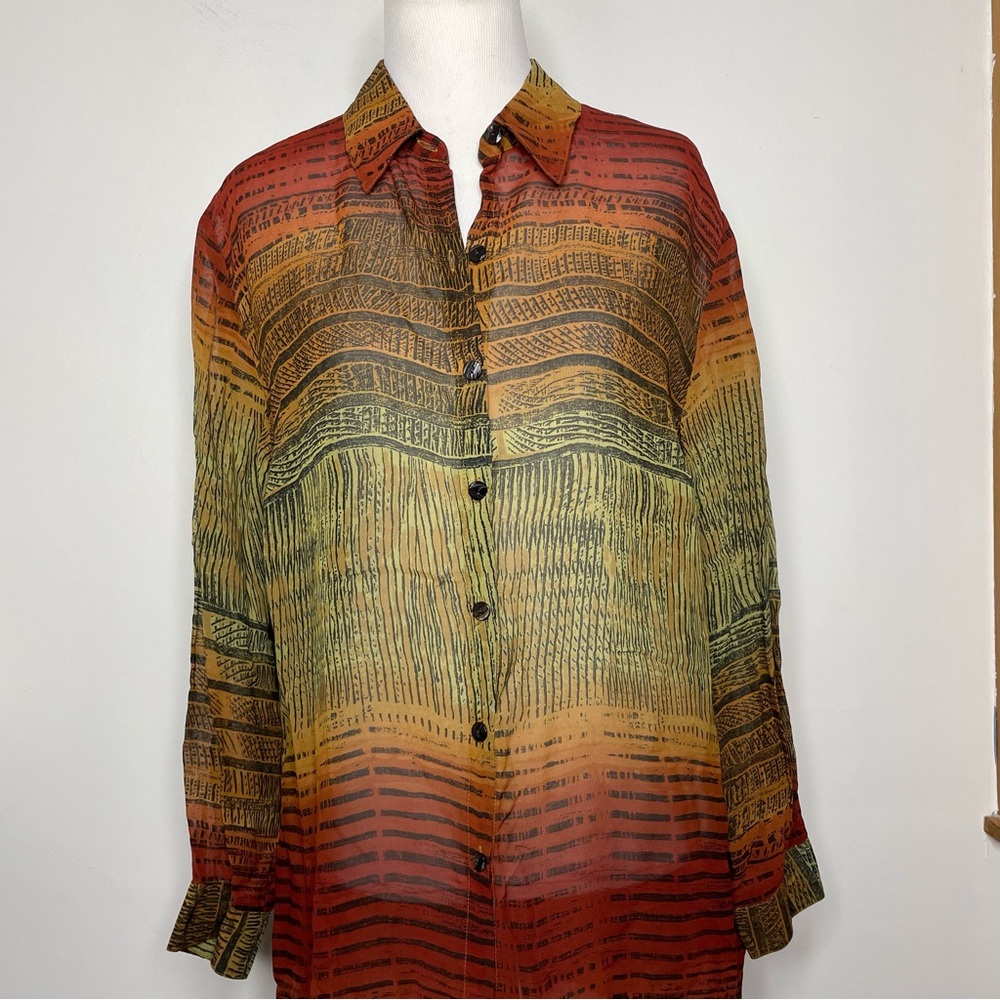 Chico's Design Sheer Long Sleeve Blouse Tunic Rayon Burnt Orange Tribal Print - Picture 7 of 16